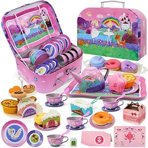 44PCS Tea Party Set for Little Girls, Pretend Play Toys Ballerinas Princess Tin Tea Set – Teapot Desserts & Carrying Case, Invitations Place Cards Birthday Gifts Toy for Girls Kids 3 4 5 6 7 Years Old