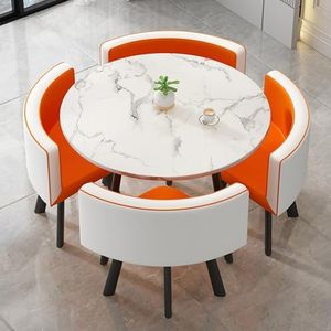 WOOOFA Round Dining Table Set for 4, Faux Marble Conference Table and Chairs Set, Kitchen Table Chairs Set with Strong Metal Frame, Space-Saving, Office Table and Chair Set for Home and Apartment