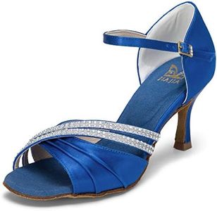 JIAJIA 20524 Women's Satin Sandals Flared Heel Latin Salsa Performance Dance Shoes Color Blue,Size 5.5 B(M) US/36 EU