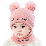 Kids Woolen Caps Scarf Set Unisex Beanie Skull Winter Hat Old Toddler Knit Pom Pom Capset Neck Warmer (Pink 0-4 Years)