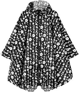 Rain Poncho Jacket Coat Hooded Zipper Style for Women/Men/Adult with Pocket, Black/White Flower, One size