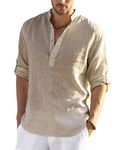 COOFANDY Men's Casual Long Sleeve Henley Shirts Cotton Linen Premium Beach T-Shirt Khaki