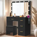 DWVO Makeup Vanity with Power Strip, Adjustable Lighting, and 4 Drawers, Vanity Table with Cushioned Stool for Bedroom, Dressing Room