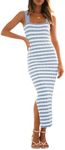 MEROKEETY Women's 2024 Summer Striped Knit Bodycon Midi Dress Square Neck Side Slit Tank Ribbed Sweater Dresses, Blue, Small