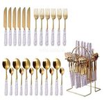 MERISH Spoon Fork & Knife Set - Cutlery Set with Stand - Gold Plated | Stainless Steel - 24 Pcs (White)