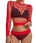 Buitifo Womens Lingerie Set Fishnet Babydoll Bodysuit Two Piece Nightwear (Red,M)