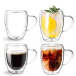 Quable 350ml Glass Coffee Mugs, 12oz Clear Double Walled Coffee Mug with Handles, Set of 4 Insulated Double Wall Glass Mug Glass Espresso Cups Set for Hot Drinks