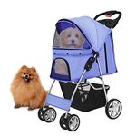 Flexzion Pet Stroller (Blue) Dog Cat Cage 4 Wheels Folding Easy to Carry for Jogger, Walking, Travel with Sun Shade Holder, Mesh Window