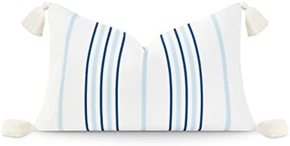 Hofdeco Premium Coastal Hampton Style Patio Indoor Outdoor Lumbar Pillow Cover Only, 12"x20" Water Resistant for Backyard, Couch, Baby Blue Navy Stripe Tassel
