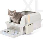 PetPicks Stainless Steel Litter Box - Extra Large Enclosed Metal Litter Tray - XL High Sided Lid Deep Enclosure Cat Toilet with Litter Poop Scoop - Easy Clean Anti Odour