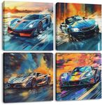 4 Pcs Car Wall Art Framed Art Race Car Wall Decor Car Gifts Garage Decor Racing Car Canvas Print Art Decorative Painting Country Room Decor for Home Farmhouse Bedroom Kitchen Library Office-2