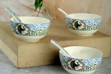 GOLDEN QUEEN'S Premium Ceramic Soup Bowls and Spoons Set of 6 - Durable, Stylish and Microwave Safe | 6 inch Wide | Perfect for Serving Soup, Salad, Desserts or Cereals (Indian Peafowl Soup Set)