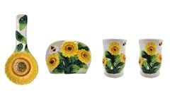 ACK Ceramic Hand Painted 3D Country Sunflower Painted Table/Stove Top Set, Salt and Pepper Shaker, Napkin Holder, Spoon Rest, Kitchen Décor