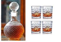 wellxo Whiskey Decanter Round for Scotch Liquor Bourbon or Wine [ 1000 Ml.Whiskey Carafe - 1 & 350 Ml. Whiskey Glass - 4 ]