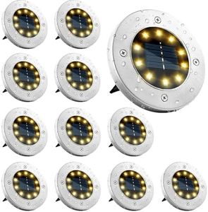 Solar Ground Lights Outdoor - 10 LED 12 Packs Solar Garden Lights Waterproof Solar Disk Lights, Bright in-Ground Lights for Landscape Deck Lawn Pathway Yard Driveway (Warm, 12PACK 10LED)
