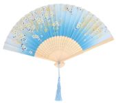 AUM Colorful Floral Pattern Hand Held Foldable Bamboo Japanese Silk Hand Fan (Blue-T5) Gift Fan for Girls Women Wedding Favor Theme Party Decoration Stage Shows Dance