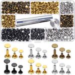 sinzau Leather Rivets, 3 Sizes 4 Colours Double Cap Rivet, Tubular Metal Studs with 3 Fixing Tools, Pack of 180