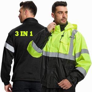 SRsafety Hi-Vis Reflective Waterproof Jacket,3 in 1 Winter Work Jackets for men,Safety Jackets with Zipper Fleece Liner,ANSI/ISEA Class 3
