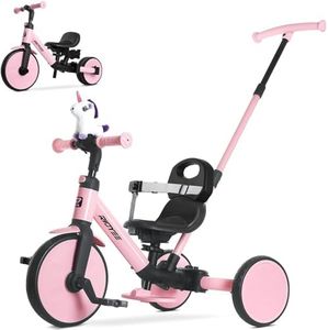 RIDYEE 5-in-1 Kids Tricycle for Toddlers 1.5-3, Tool-Free Convertible Kids Push Trike to Balance Bike, Safety Belt, Removable Backrest and Footrest, Ride-On Toy for Boys & Girls, Pink