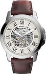 Fossil Watch for Men Grant, Mechanical Automatic Movement, 45 mm Silver Stainless Steel Case with a Leather Strap, ME3099