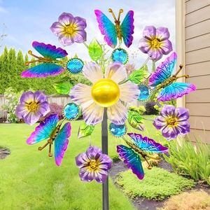 40" Solar Butterfly Wind Spinners Garden Stake, Solar Wind Sculpture Yard Art Decorations for Lawn,Patio&Yard & Garden Decor, Metal Whirligigs Wind Spinners Outdoor