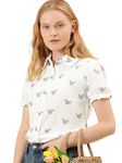 Allegra K Women's Peter Pan Blouse Frilled Short Sleeve Floral Cotton Top White X-Large