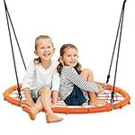 GYMAX Kids Nest Swing, 100-160cm Adjustable Rope Round Tree Swing, Outdoor Spider Web Swing Seat for Backyard Garden, Holds Up to 150kg (Orange)