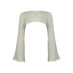 Aunaeyw Women Y2k Crochet Knit Sweater Hollow Out Long Flared Sleeve Shrug Cropped Mesh Sweater Cover Ups Vintage Pullover Top (White, M)