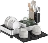 SONGMICS Small Dish Drying Rack, Expandable Dish Dryer for Kitchen Counter, Stainless Steel Dish Rack with Utensil Holder, Rustproof, for Dishes, Knives, Spoons, Forks, Silver and Black UKCS035B01