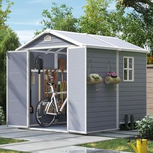 Aoxun 8x6FT Resin Outdoor Storage Shed with Floor, Plastic Garden Shed with Lockable Door and Window, Tools House to Store Patio Furniture, Bike Accessories, Garbage Can and Lawn Mower - Grey