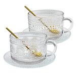 CIOUYAOS 2 Set Glass Coffee Mugs, Large Clear Vintage Ribbed Cups with 2pcs Spoons 2pcs Glass Saucer, Can Shaped Sunflower Beads Coupe and Coasters for Drinking Cappuccino, Latte, Tea, Yogurt, Milk