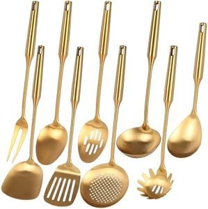 Standcn Gold Kitchen Utensils Set, 9 PCS 304 Stainless Steel All Metal Cooking Tools with Meat Fork, Solid Spoon, Slotted Spoon, Spatula, Ladle, Skimmer, Slotted Spatula, Spaghetti Server, Large Spoon