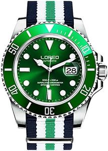 LOREO Mens Silver Stainless Steel Sapphire Glass Black Rotating bezel Men's Automatic Watch, green/Nylon, Diving Watch