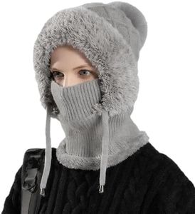 3 in 1 Beanie Hat for Women, 3 in 1 Winter Knitted Hat with Scarf and Mask, 3-in-1 Winter Balaclava (Gray)