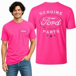 Wild Bobby Genuine Ford Parts Vintage Distressed Cars and Trucks Mens Graphic Tees Front and Back T Shirt Printed Graphic Tees for Men, Neon Pink, 3X-Large