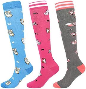 Compression Socks for Women Knee High Animal Socks with Dog Cat Fox for Support Circulation Nursing Pregnancy Sports Travel Running Flight Animal Lover Gifts Pink Blue Grey, Blue,Pink