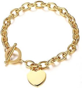 WangGao Elegent Love Stainless Steel Link Chain Blank Heart Charms Bracelet for Women Fits 6.27-7.24'' Wrist Toggle Clasp Closure Gold