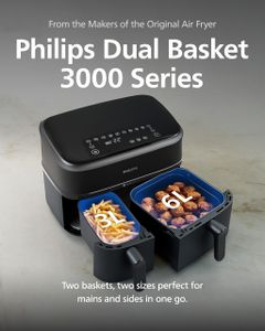 Philips Airfryer 3000 Series Dual Basket – 3L & 6L RapidAir Plus, Digital Touchscreen