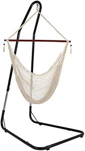 Sunnydaze Cabo-Style Hanging Rope Hammock Chair Swing with Adjustable Stand - 330-Pound Capacity - Black Stand - Cream