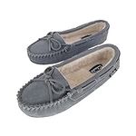 Clarks Women's Suede Bowknot Moccasin Slippers, LB0340 - Fuzzy Indoor/Outdoor Close Back Slip-Ons with Faux Fur Lining & Non-Slip Outsole - Women's Comfy Loafers for Driving Lounging & More, Pewter, 9