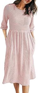 MEROKEETY Women's 3/4 Balloon Sleeve Striped High Waist T Shirt Midi Dress Pink