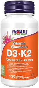 NOW Supplements, Vitamin D-3 & K-2, 1,000 IU/45 mcg, Plus Cardiovascular Support, Supports Bone Health, 120 Veg Capsules
