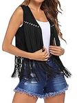 Women Tassel Vest 70s Hippie Faux Suede Rivets Sleeveless Fringe Waistcoat Jacket Open Front Boho Western Jacket Cardigan (A-Black, XXL)