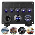 IP65 Waterproof Toggle Switch Panel, 12V/24V Car Rocker Switches Dual USB Charger Port 4.2A Port Lighter Socket Digital Voltmeter Display for Marine Boat Van Truck Car