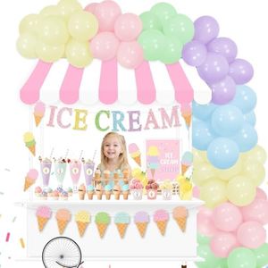 Ice Cream Party Stand Decor Kit include 75Pcs Balloons, Sundae Playstand Play Shop ICE CREAM Banner Waterproof Canopy Table Sign Cups Tag Stickers, DIY Ice Cream Themed Party Shop Cart, Kids Role Play