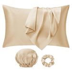 Seiwohl Silk Satin Pillowcase Soft as Silk Pillowcases for Hair and Skin Champagne Pillow Cases 2 Pack with Satin Scrunchies and Bonnet for sleeping, Cooling Pillow cases Envelope Closure, 50x75 cm