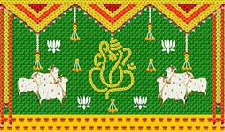 Ashvath Fashion Weaved Coconut Leaf with Yellow Marigold Flower's Ganesh ji Design Backdrop Cloth for Pooja Decoration Traditional Curtain for Festival Size 5Feet Height and 8Feet Width(5 * 8)