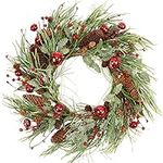 VGIA 20 Inch Artificial Christmas Wreath for Front Door Winter Wreath with Red Jingle Bells and Berries Door Wreath with Pinecones and Pine Needles for Glitter Christmas Decorations