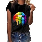 Lazzboy T Shirt Women Colourful Rainbow Lip Print Short Sleeve O Neck Top Ladies Daily Blouse(L(12),Black-ColourfulⅠ)