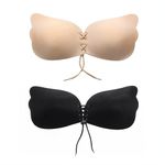 SUWAIS FASHION Sticky Bra Strapless, Backless & Reusable Silicone Adhesive Bra Sticky Push-Up Bra Sticky Padded Bra 2 Pairs (CA/US, Cup Band, B, Black and Beige)